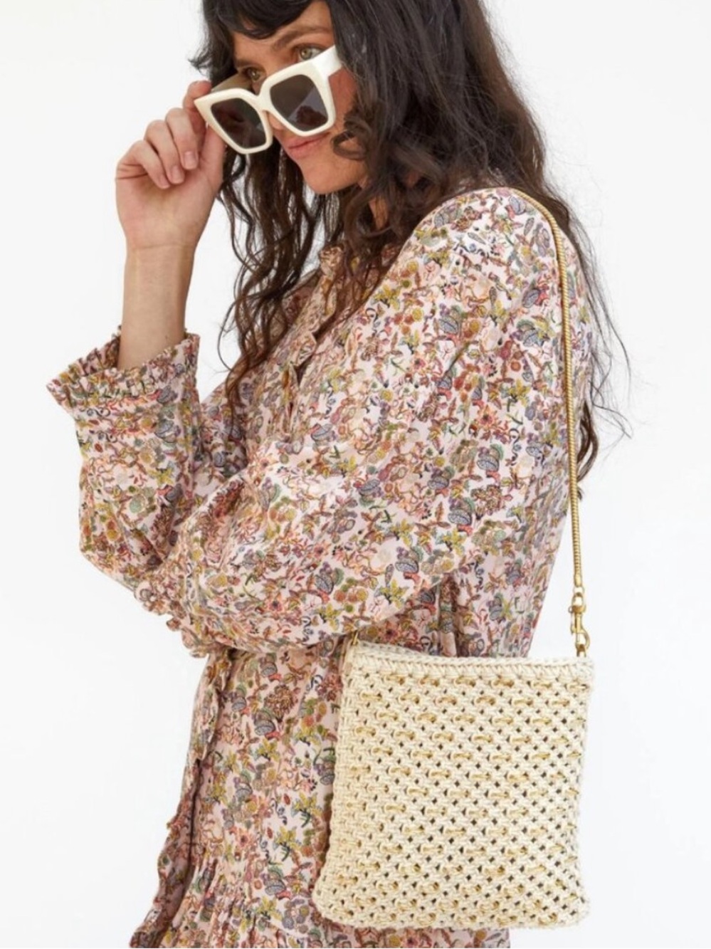 Clare V Cleore Bag in Cotton Cording w/ Gold Rings Snake Chain Crossbody Strap - Picture 3 of 14